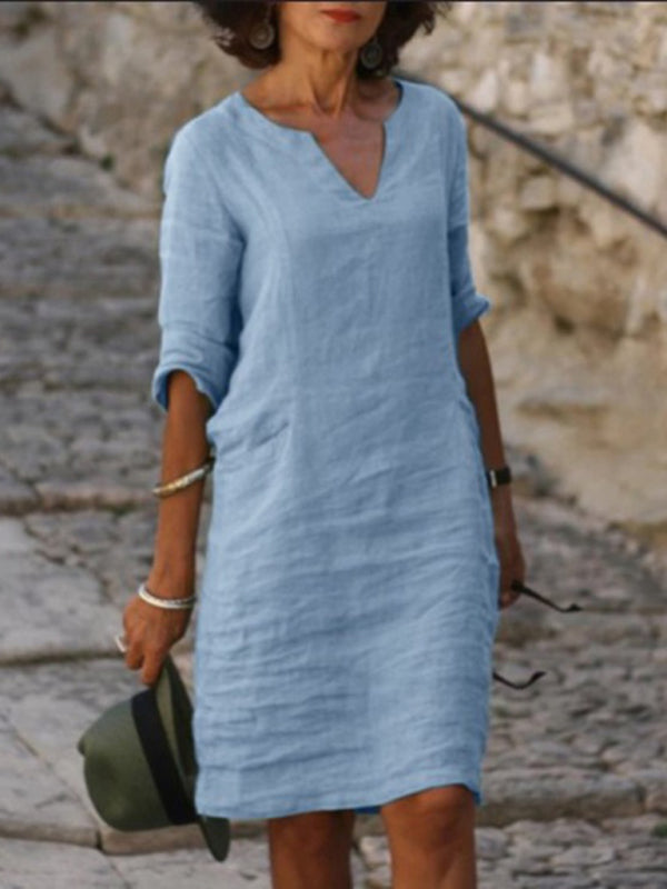 Mila - V-Neck Cotton Linen Dress with Mid Sleeves and Slim Fit