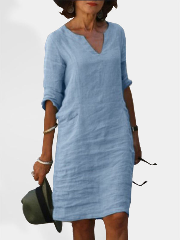 Mila - V-Neck Cotton Linen Dress with Mid Sleeves and Slim Fit