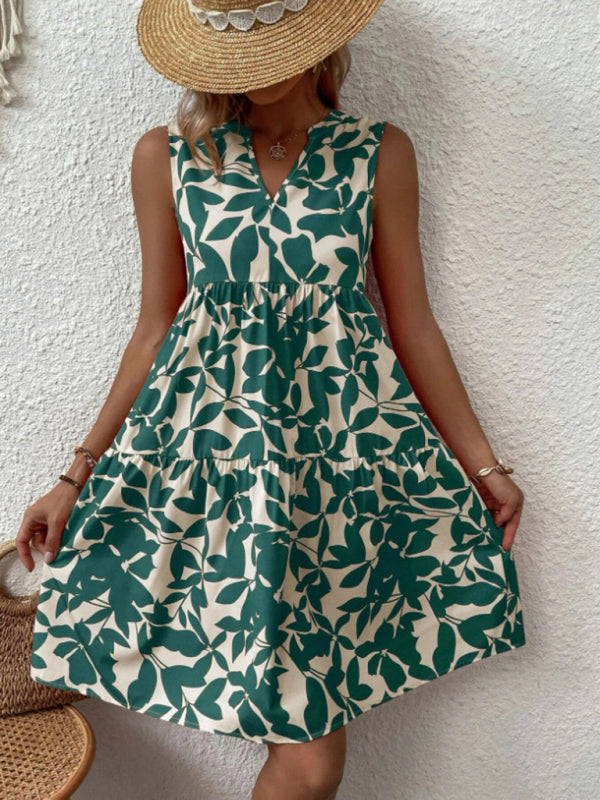 Cleo - Floral Print Sleeveless Dress with V Neck and Pleated Skirt