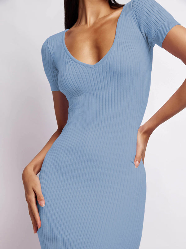 Robin - Ribbed Knit V-Neck Mid-Length Dress with Side Slit