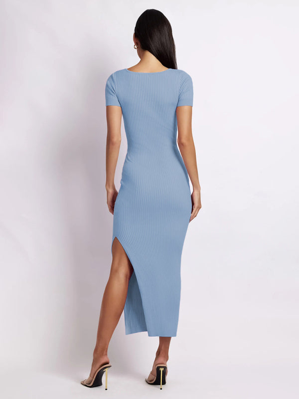 Robin - Ribbed Knit V-Neck Mid-Length Dress with Side Slit