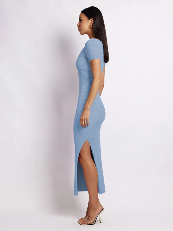 Robin - Ribbed Knit V-Neck Mid-Length Dress with Side Slit