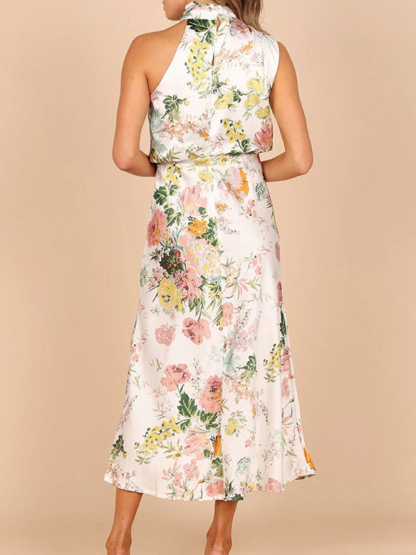 Pauline - Halter Neck Satin Midi Dress with Floral Print