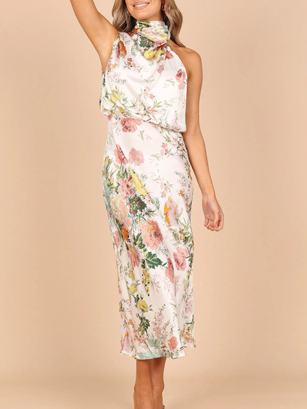 Pauline - Halter Neck Satin Midi Dress with Floral Print