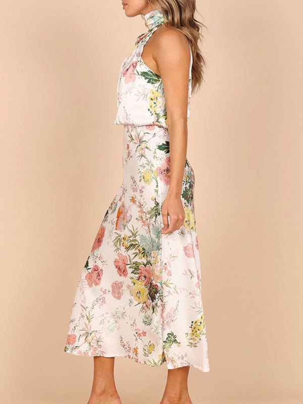 Pauline - Halter Neck Satin Midi Dress with Floral Print