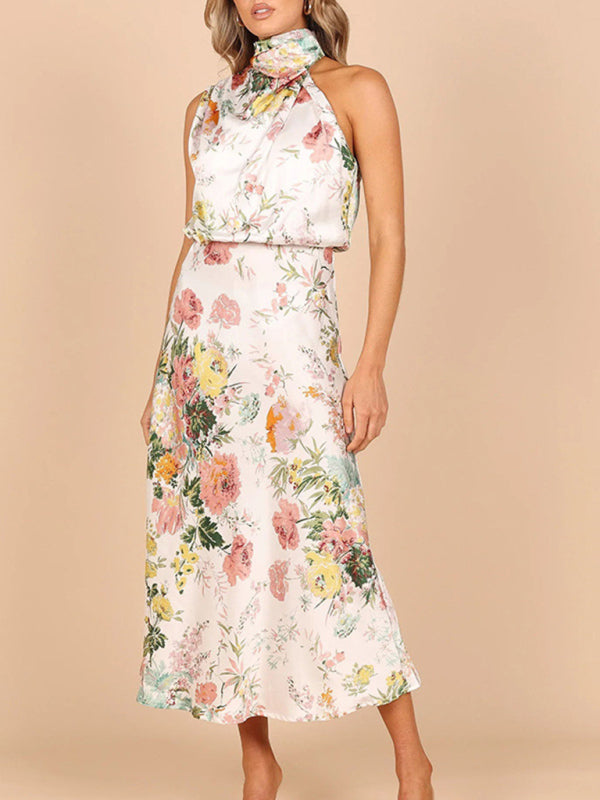 Pauline - Halter Neck Satin Midi Dress with Floral Print