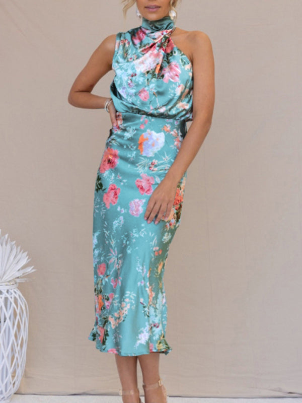 Pauline - Halter Neck Satin Midi Dress with Floral Print