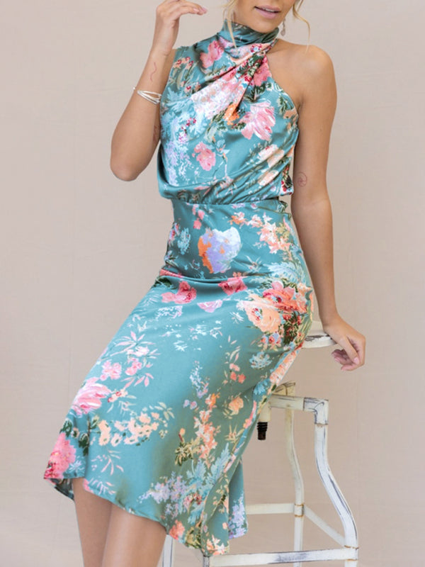 Pauline - Halter Neck Satin Midi Dress with Floral Print