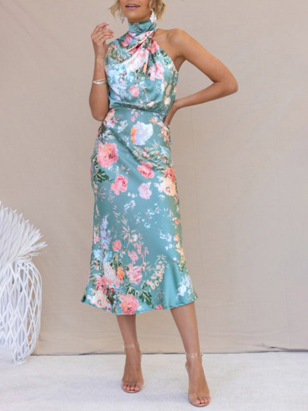 Pauline - Halter Neck Satin Midi Dress with Floral Print