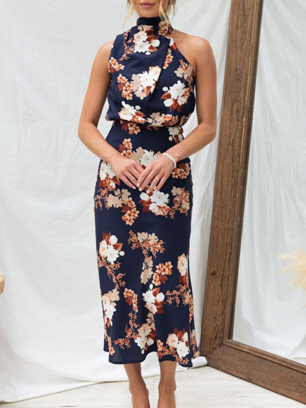 Pauline - Halter Neck Satin Midi Dress with Floral Print