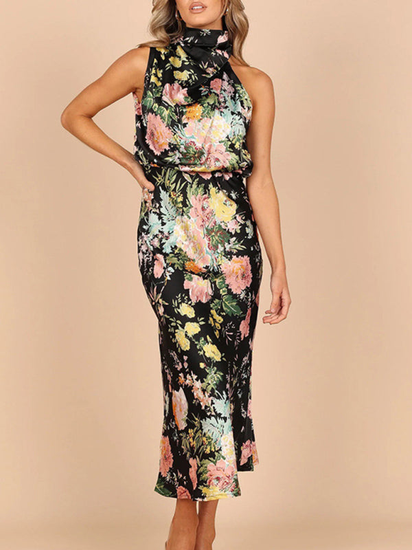 Pauline - Halter Neck Satin Midi Dress with Floral Print