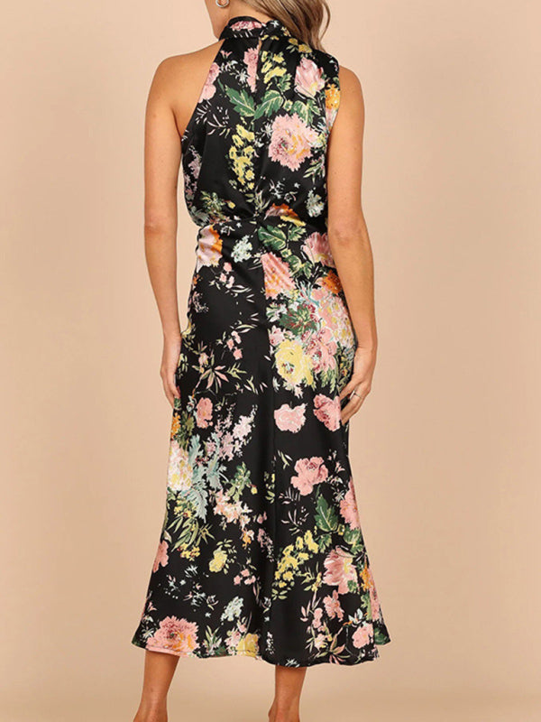 Pauline - Halter Neck Satin Midi Dress with Floral Print