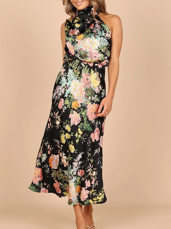 Pauline - Halter Neck Satin Midi Dress with Floral Print