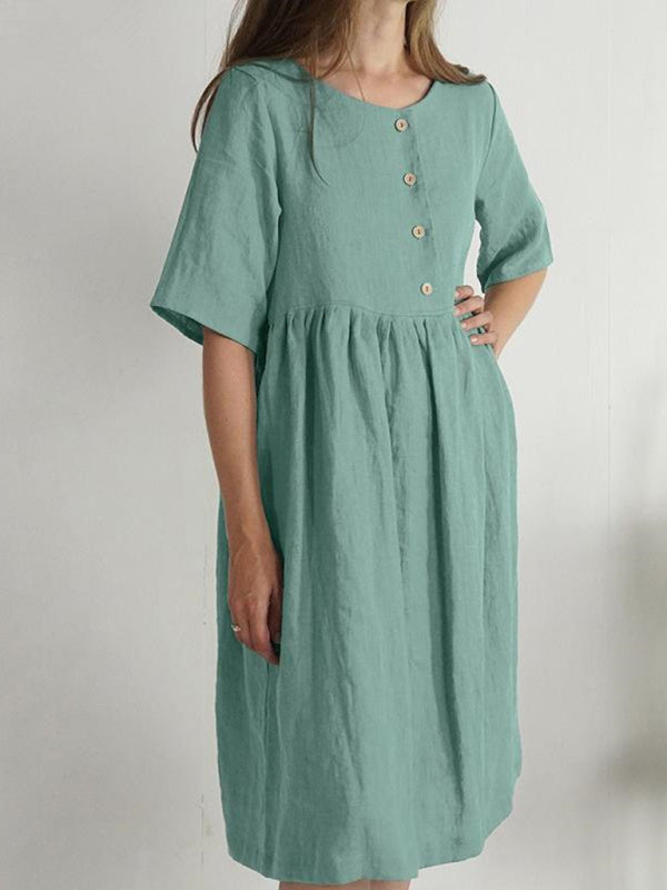 Octavia - Button-Down Cotton Linen Dress with Pockets and Round Neck