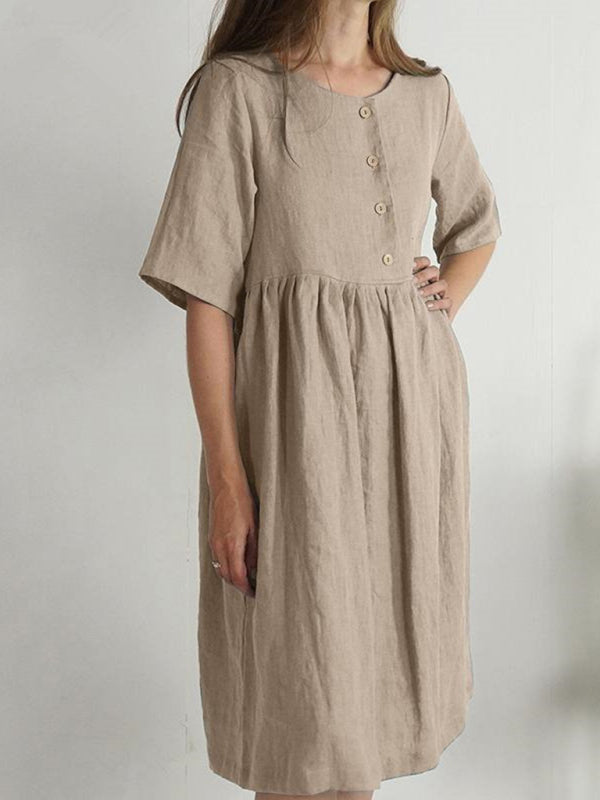 Octavia - Button-Down Cotton Linen Dress with Pockets and Round Neck