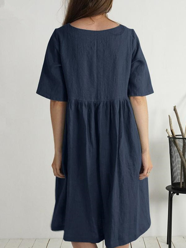 Octavia - Button-Down Cotton Linen Dress with Pockets and Round Neck