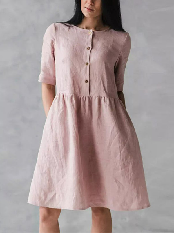 Octavia - Button-Down Cotton Linen Dress with Pockets and Round Neck