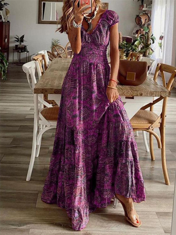 Kiara - Bohemian Maxi Dress with Paisley Print and Smocked Waist