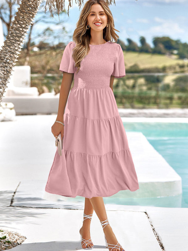 Eden - Smocked Bodice Resort Midi Dress with Tiered A-Line Skirt