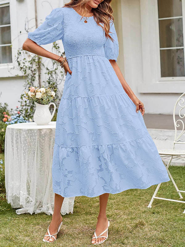 Elly - Smocked Bodice Midi Dress with Puff Sleeves and Tiered Skirt