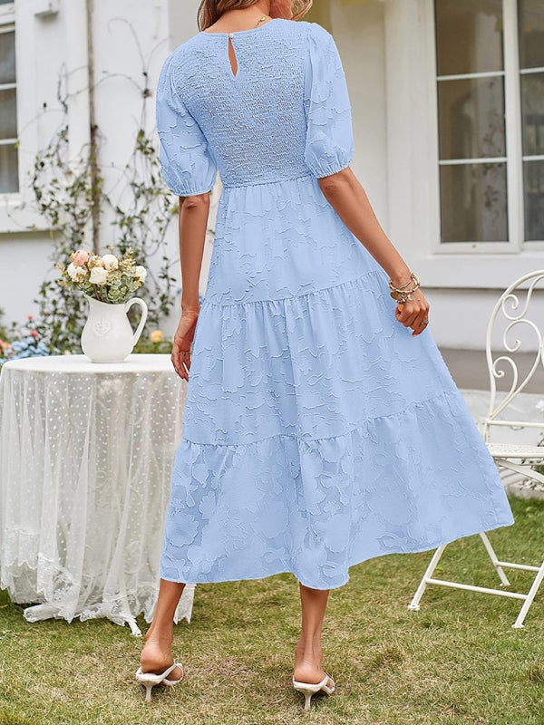 Elly - Smocked Bodice Midi Dress with Puff Sleeves and Tiered Skirt