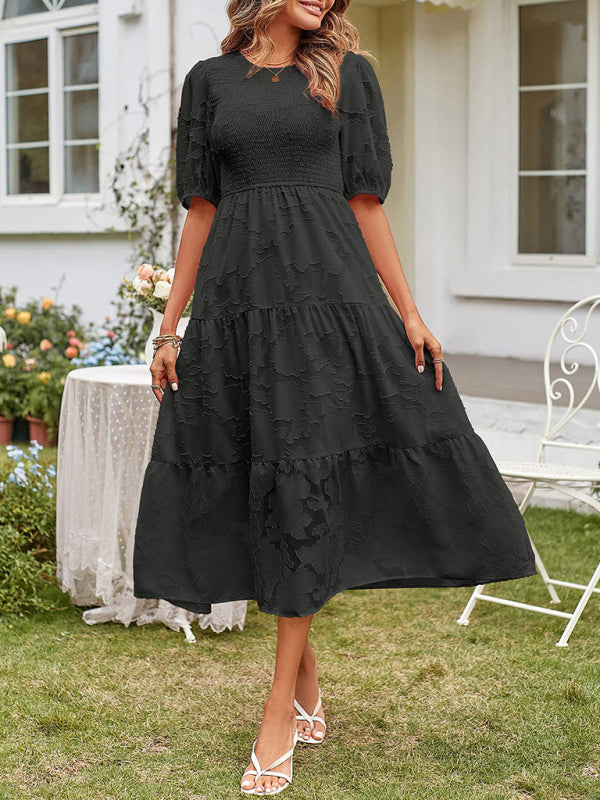 Elly - Smocked Bodice Midi Dress with Puff Sleeves and Tiered Skirt