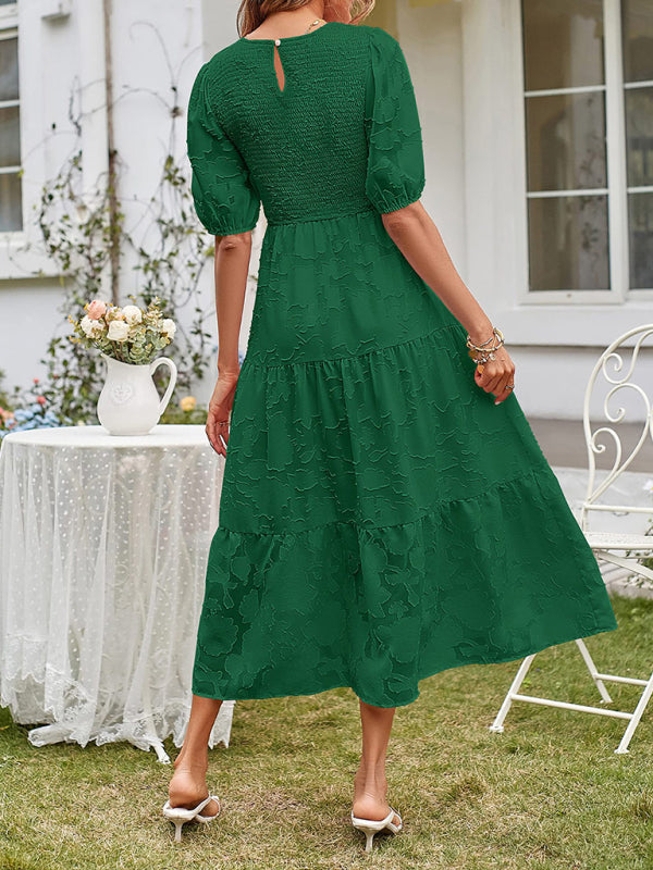 Elly - Smocked Bodice Midi Dress with Puff Sleeves and Tiered Skirt