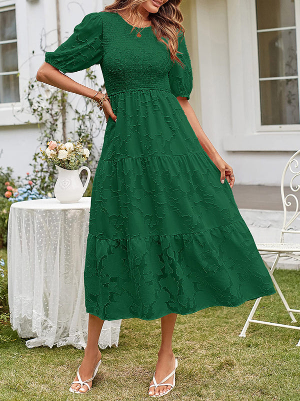 Elly - Smocked Bodice Midi Dress with Puff Sleeves and Tiered Skirt