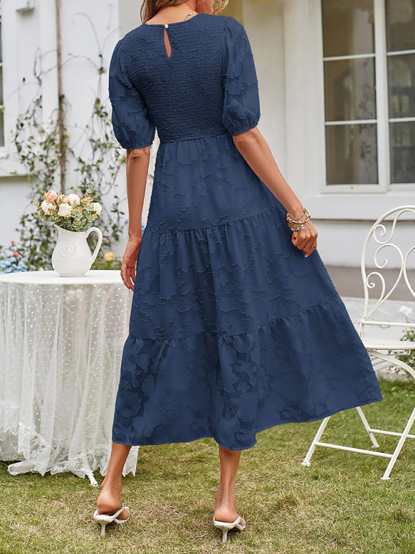 Elly - Smocked Bodice Midi Dress with Puff Sleeves and Tiered Skirt