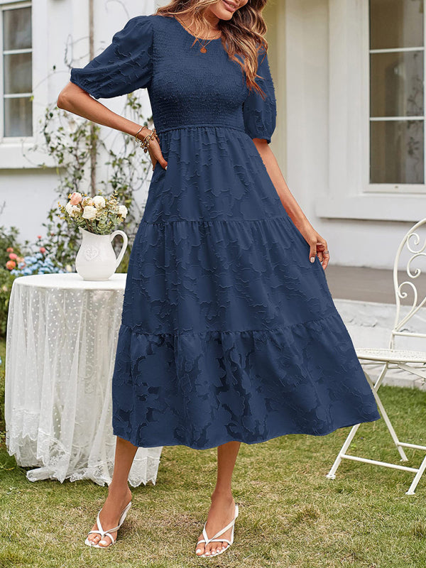 Elly - Smocked Bodice Midi Dress with Puff Sleeves and Tiered Skirt