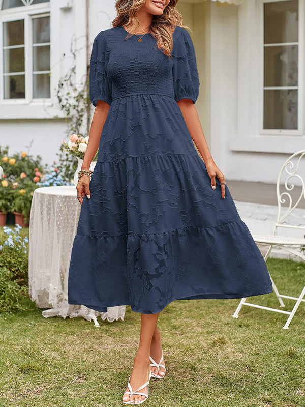 Elly - Smocked Bodice Midi Dress with Puff Sleeves and Tiered Skirt