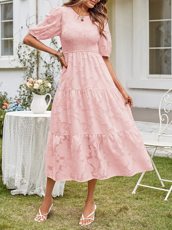 Elly - Smocked Bodice Midi Dress with Puff Sleeves and Tiered Skirt