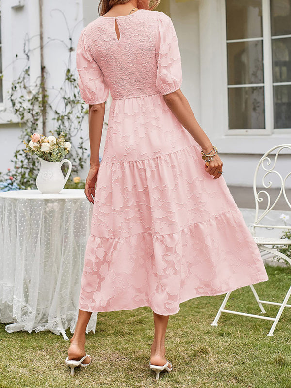 Elly - Smocked Bodice Midi Dress with Puff Sleeves and Tiered Skirt