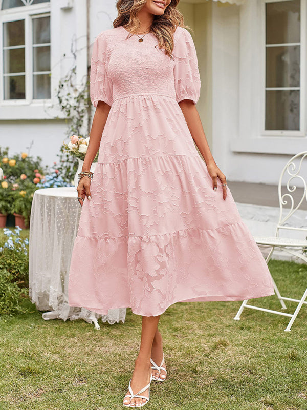 Elly - Smocked Bodice Midi Dress with Puff Sleeves and Tiered Skirt