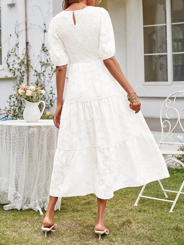 Elly - Smocked Bodice Midi Dress with Puff Sleeves and Tiered Skirt