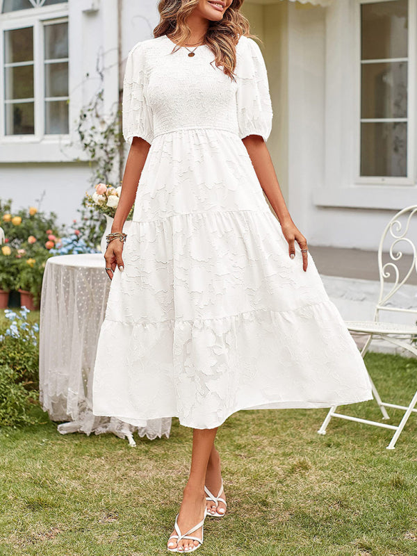 Elly - Smocked Bodice Midi Dress with Puff Sleeves and Tiered Skirt