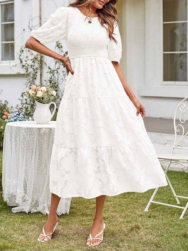 Elly - Smocked Bodice Midi Dress with Puff Sleeves and Tiered Skirt