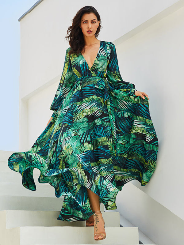 Carmen - Tropical Leaf Print Maxi Dress with Lantern Sleeves