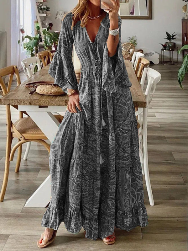 Johanna - Bohemian Maxi Dress with Paisley Print and Trumpet Sleeves