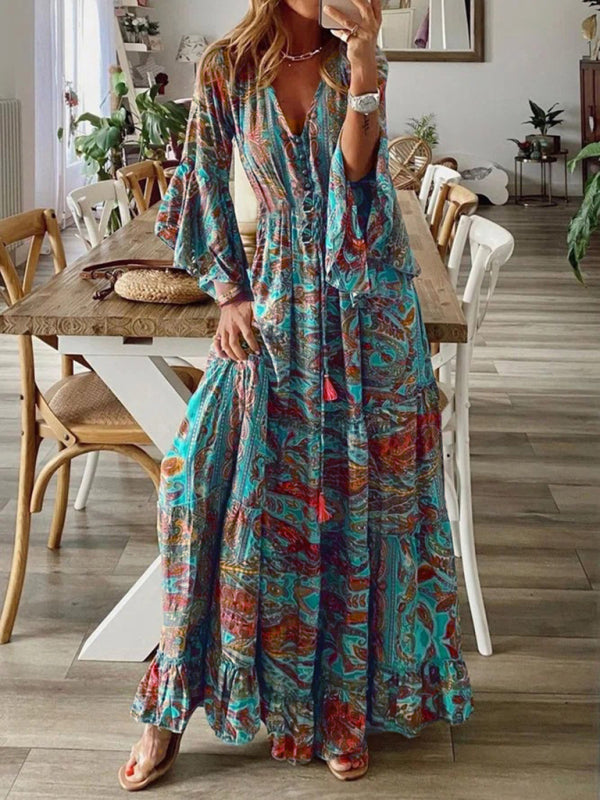 Johanna - Bohemian Maxi Dress with Paisley Print and Trumpet Sleeves