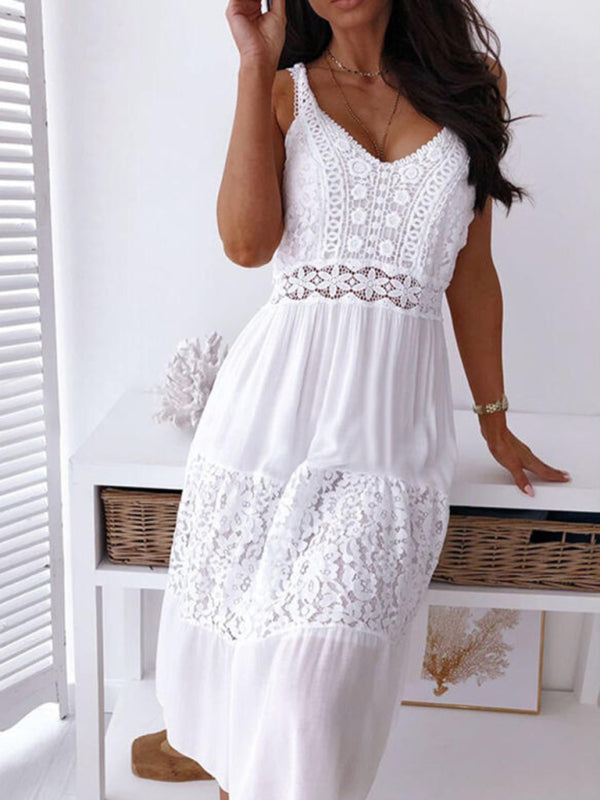 Chelsea - Lace Midi Dress with Spaghetti Straps and Tiered Design