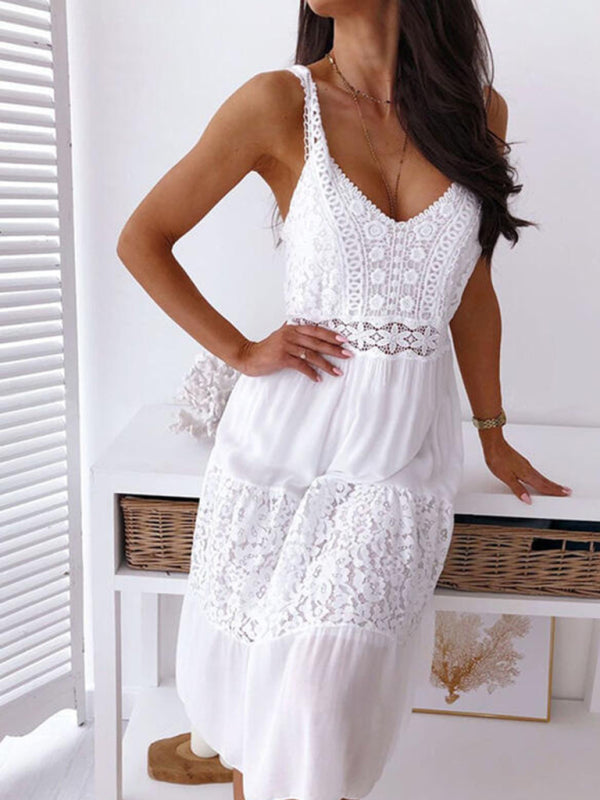 Chelsea - Lace Midi Dress with Spaghetti Straps and Tiered Design