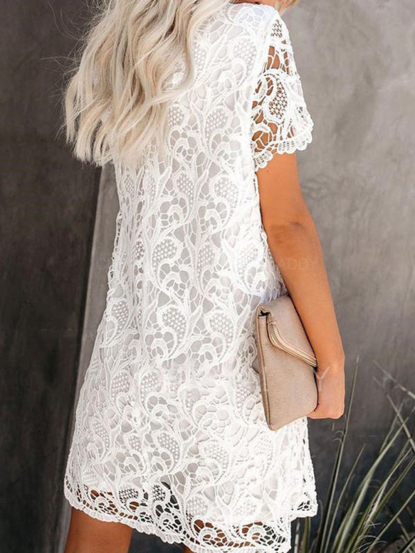 Bella - Hollow Lace Midi Dress with Round Neck and Intricate Pattern