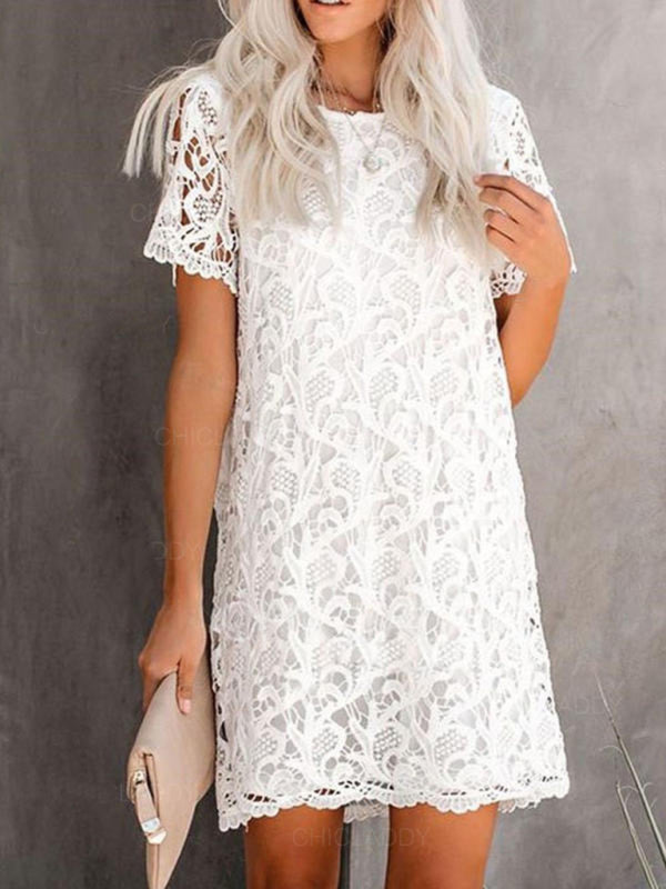 Bella - Hollow Lace Midi Dress with Round Neck and Intricate Pattern