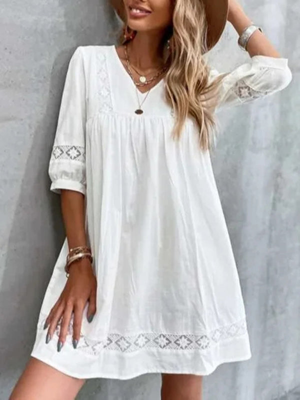 Ariel - V-neck Mini Dress with Lace Detail and Mid Sleeves