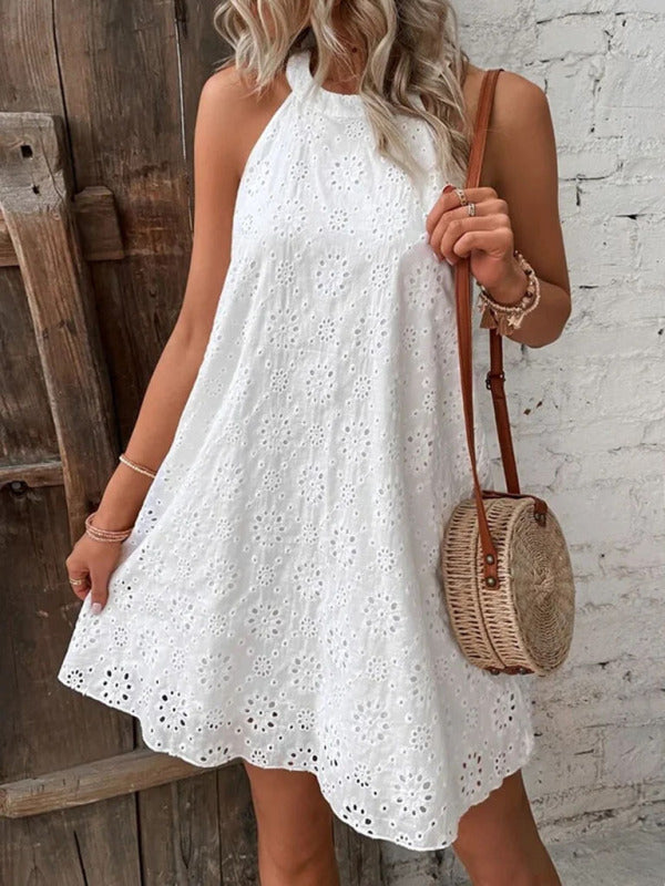 Georgia - Eyelet Mini Dress with Halter Neckline and Floral Pattern