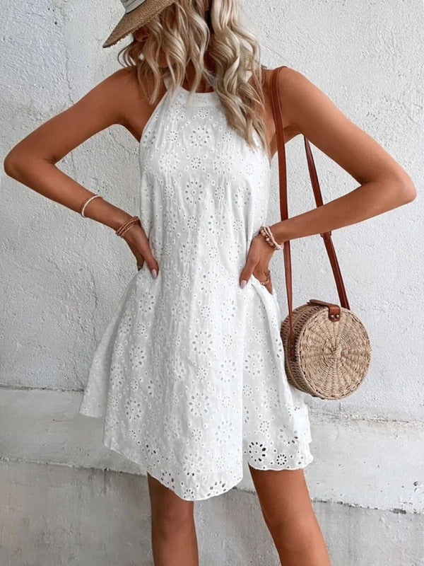 Georgia - Eyelet Mini Dress with Halter Neckline and Floral Pattern