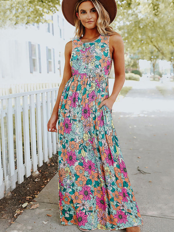 Fern - Floral Print Maxi Dress with Sleeveless Design and Round Neck