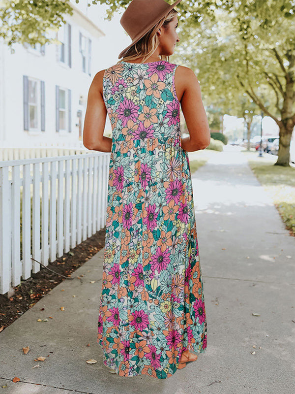 Fern - Floral Print Maxi Dress with Sleeveless Design and Round Neck