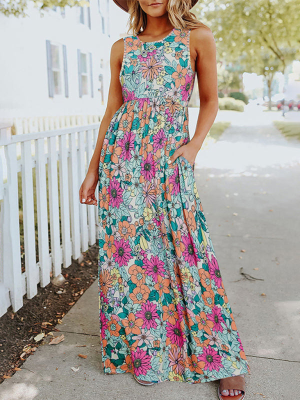 Fern - Floral Print Maxi Dress with Sleeveless Design and Round Neck